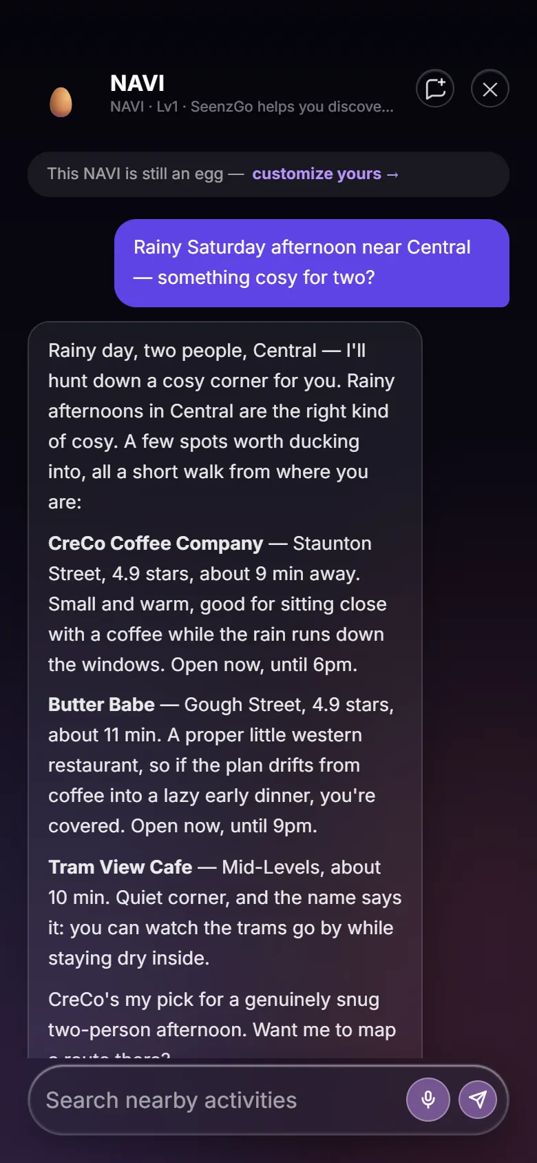 A NAVI chat suggesting places for a rainy afternoon